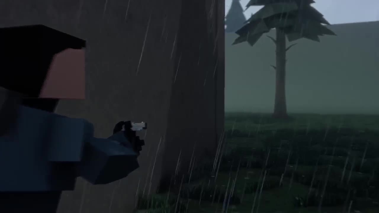A character braced against a wall, pistol raised, aiming out into the rain.