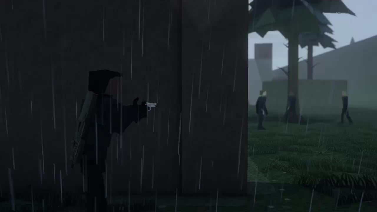A figure leans out from behind a wall with a pistol in heavy rain while three others cross the grass beyond.