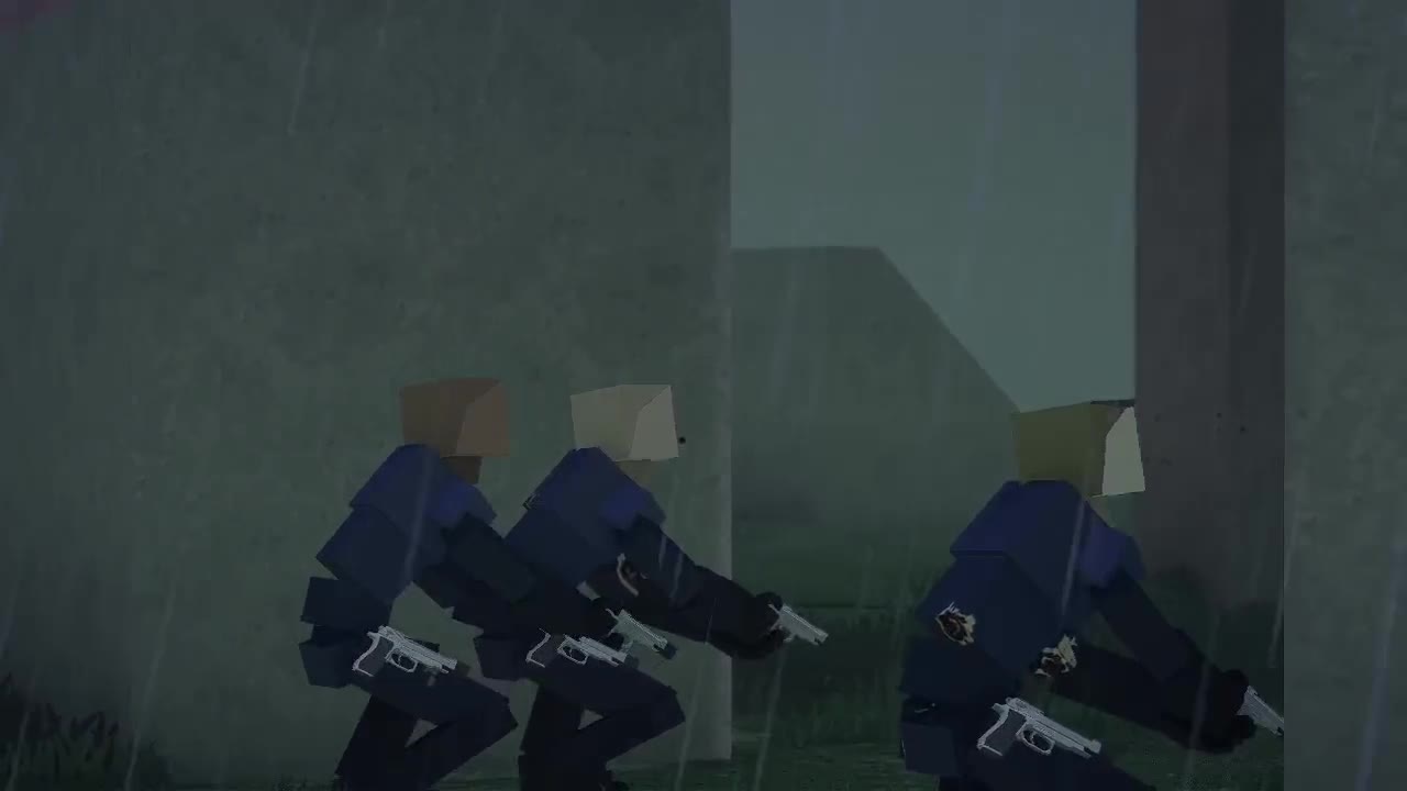 Three armed bots crouch together behind a concrete wall in the rain.