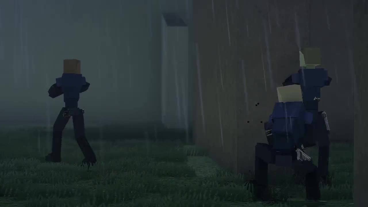 Two figures crouch behind a concrete wall in the rain as a third moves across open ground.