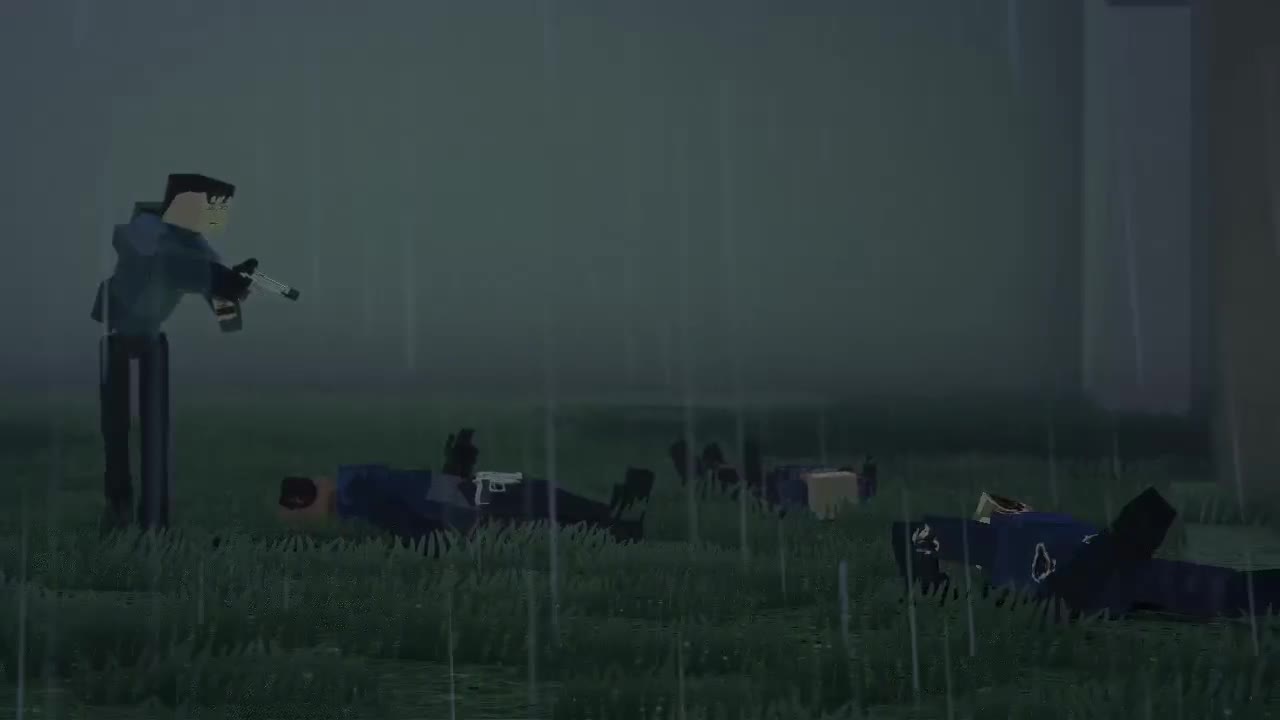 A character fires across a field of bodies lying in the wet grass.