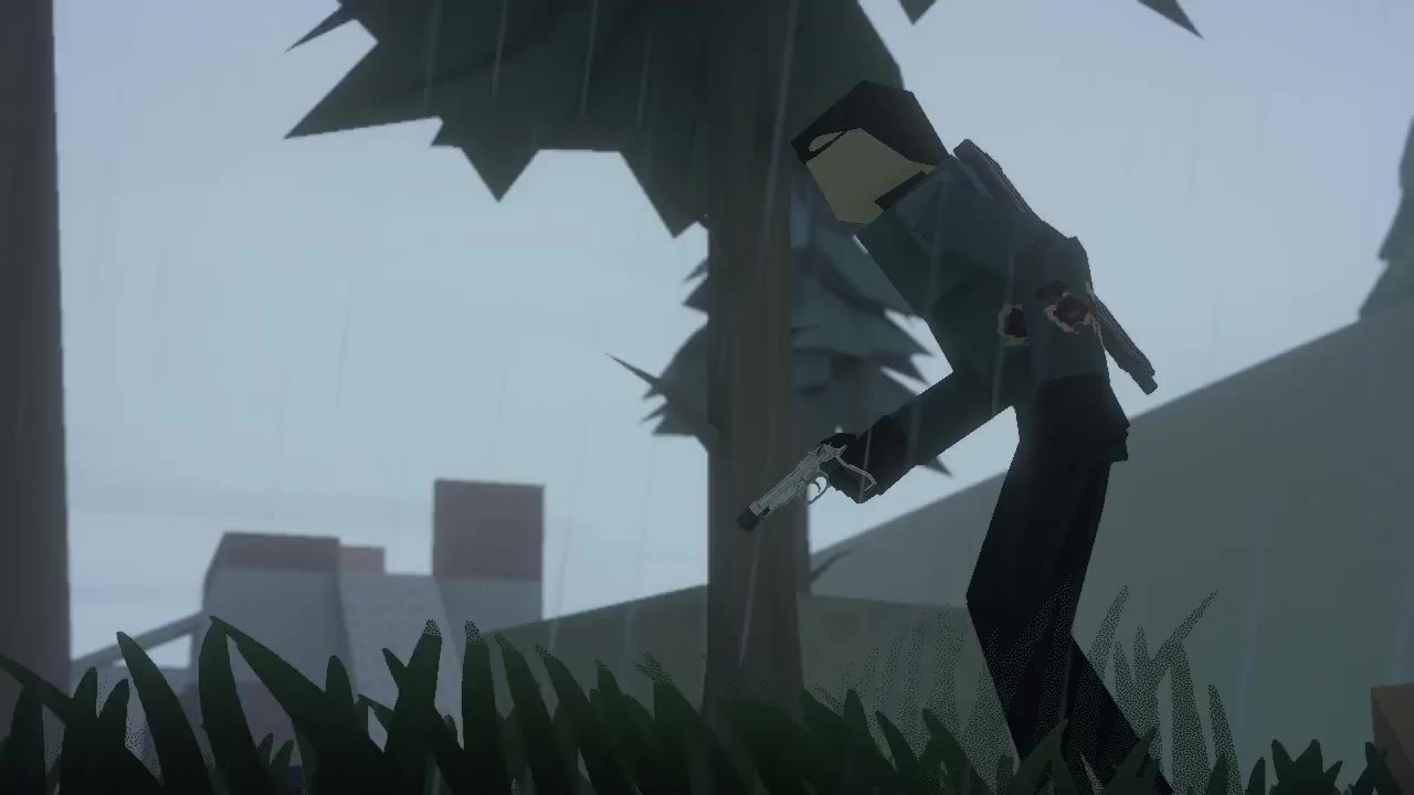 A character stands in the rain under a tree, pistol lowered, blood soaked through the shoulder of their shirt.