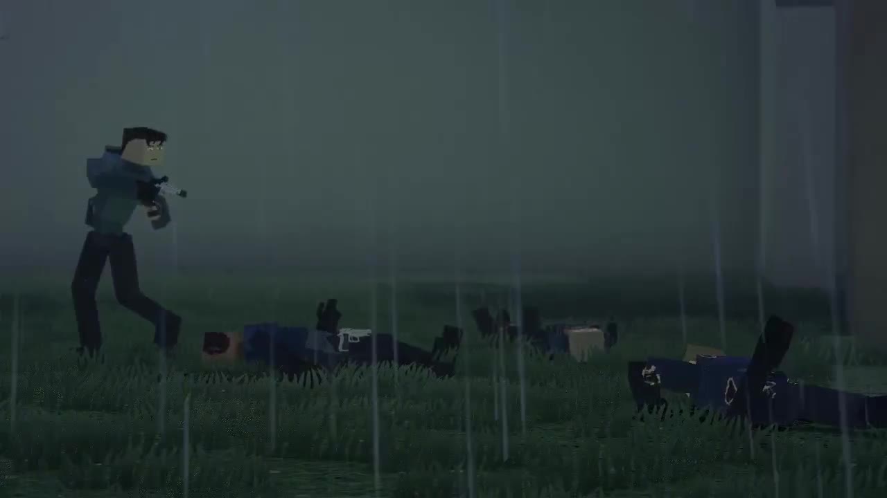 A character with a pistol walks past four bodies lying in the rain.